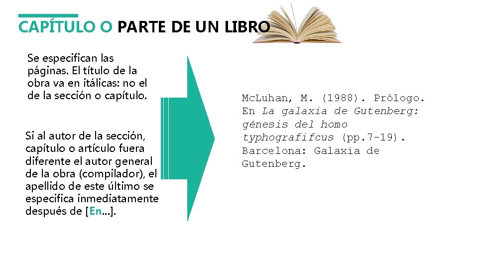 CAPÍTULO O PARTE DE UN LIBRO Se especifican las páginas. El título de la