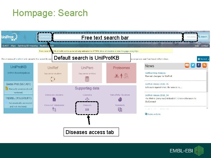 Hompage: Search Free text search bar Default search is Uni. Prot. KB Diseases access