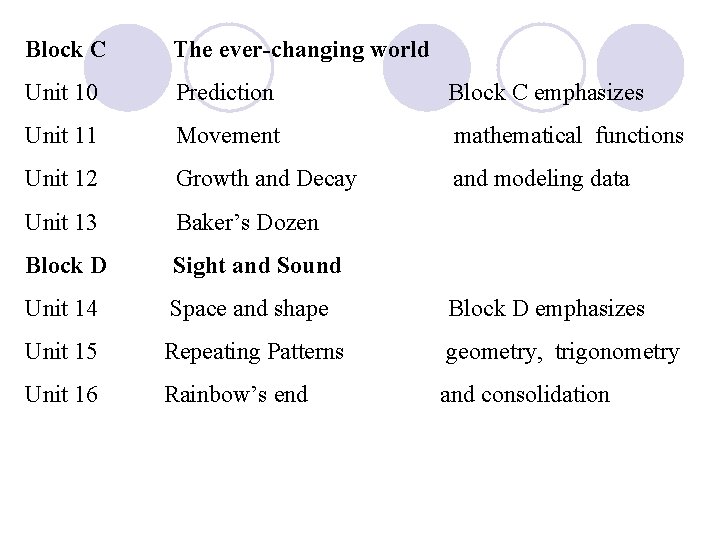 Block C The ever-changing world Unit 10 Prediction Block C emphasizes Unit 11 Movement