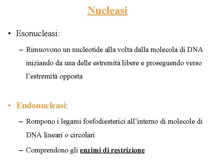 Nucleasi • Esonucleasi: – Rimuovono un nucleotide alla volta dalla molecola di DNA iniziando