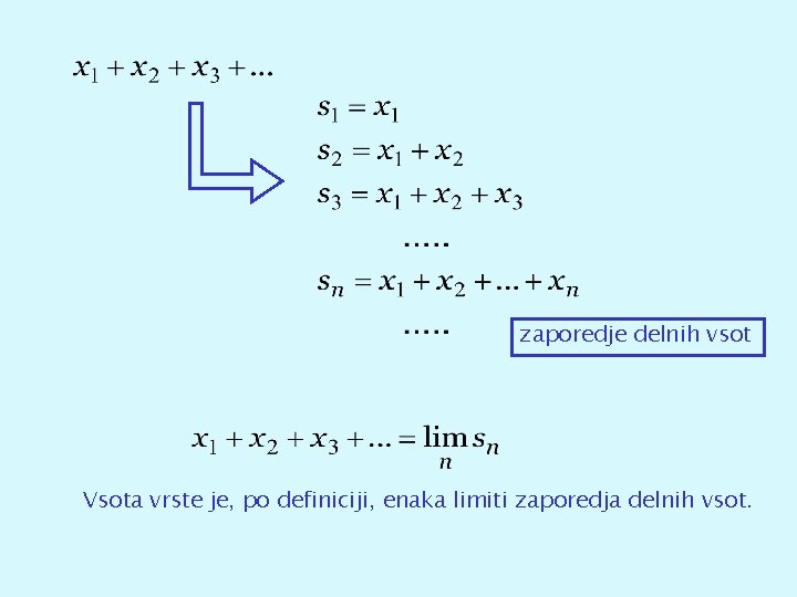 zaporedje delnih vsot Vsota vrste je, po definiciji, enaka limiti zaporedja delnih vsot. 