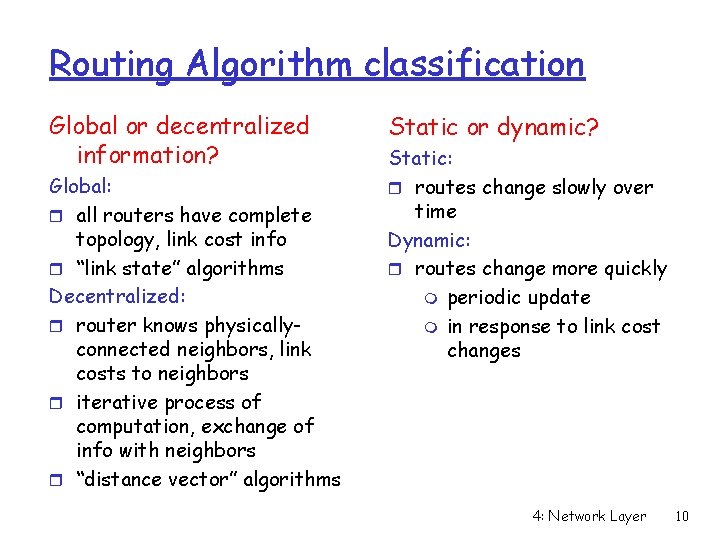 Routing Algorithm classification Global or decentralized information? Global: r all routers have complete topology, Routing Algorithm classification Global or decentralized information? Global: r all routers have complete topology,