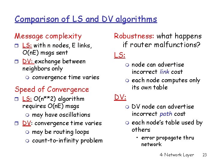 Comparison of LS and DV algorithms Message complexity r LS: with n nodes, E Comparison of LS and DV algorithms Message complexity r LS: with n nodes, E