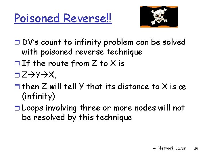 Poisoned Reverse!! r DV’s count to infinity problem can be solved with poisoned reverse Poisoned Reverse!! r DV’s count to infinity problem can be solved with poisoned reverse