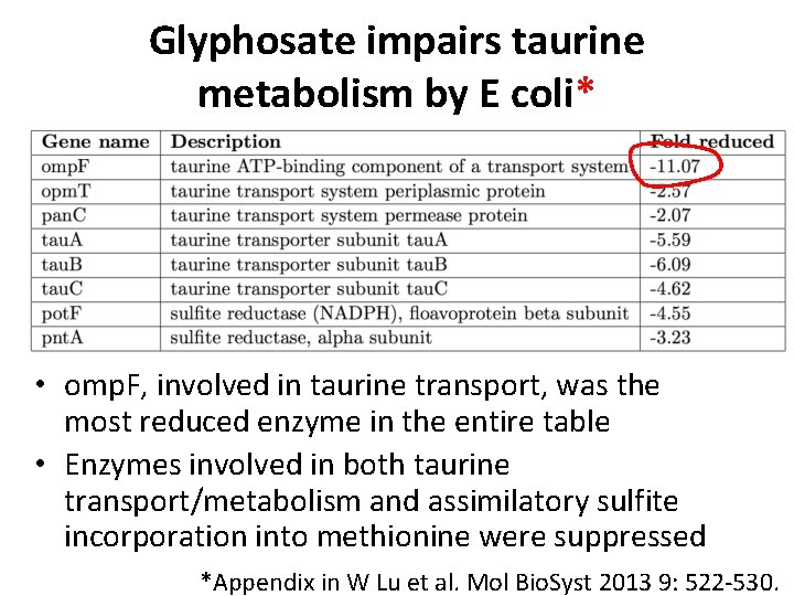 Glyphosate impairs taurine metabolism by E coli* • omp. F, involved in taurine transport,