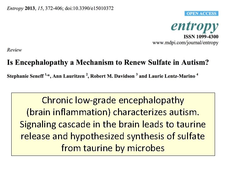 Chronic low-grade encephalopathy (brain inflammation) characterizes autism. Signaling cascade in the brain leads to
