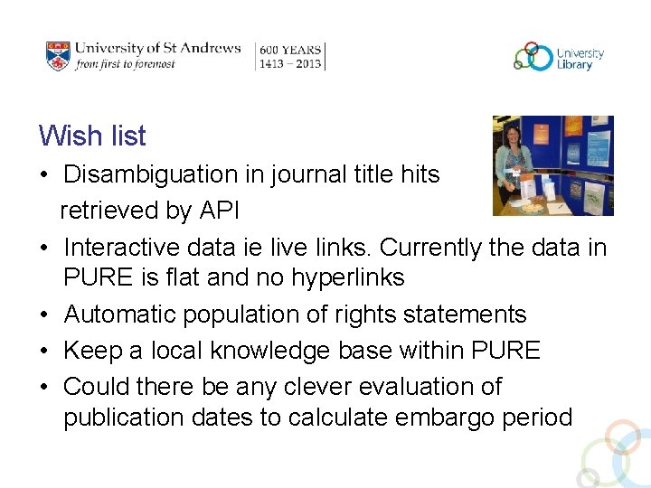 Wish list • Disambiguation in journal title hits retrieved by API • Interactive data