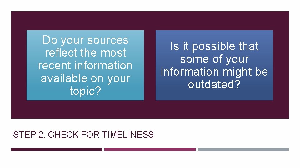 Do your sources reflect the most recent information available on your topic? STEP 2: