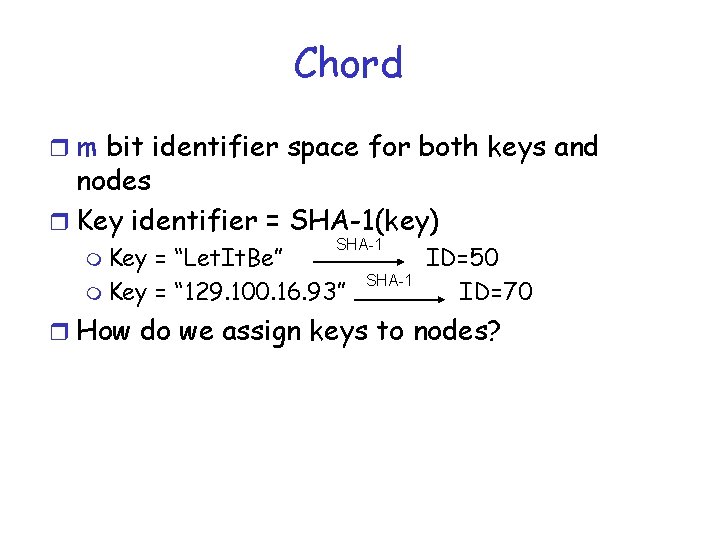 Chord r m bit identifier space for both keys and nodes r Key identifier