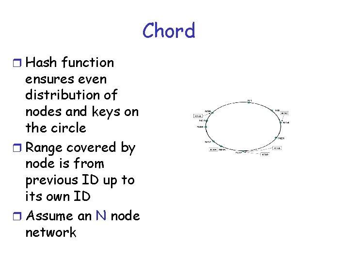 Chord r Hash function ensures even distribution of nodes and keys on the circle