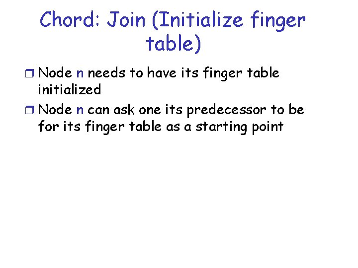 Chord: Join (Initialize finger table) r Node n needs to have its finger table
