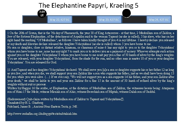 The Elephantine Papyri, Kraeling 5 2: 39 UT May 22, 427 BC May 23,