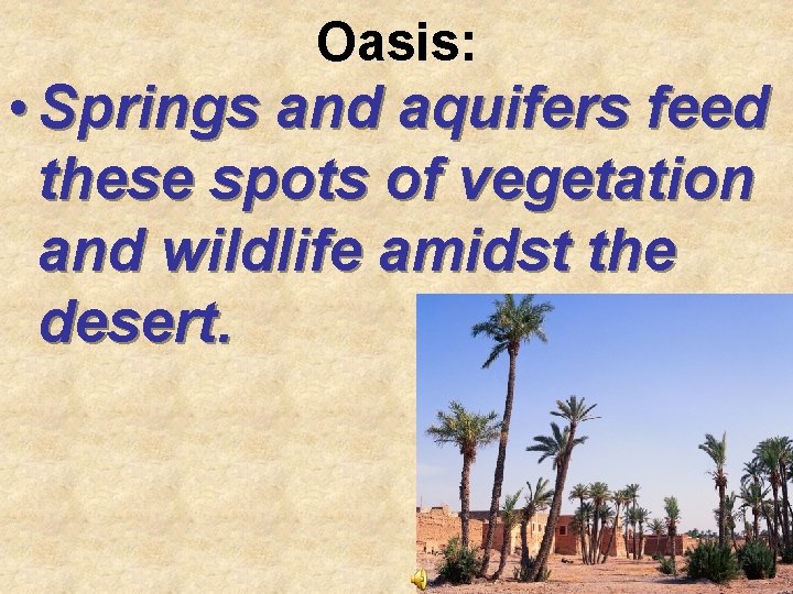 Oasis: • Springs and aquifers feed these spots of vegetation and wildlife amidst the