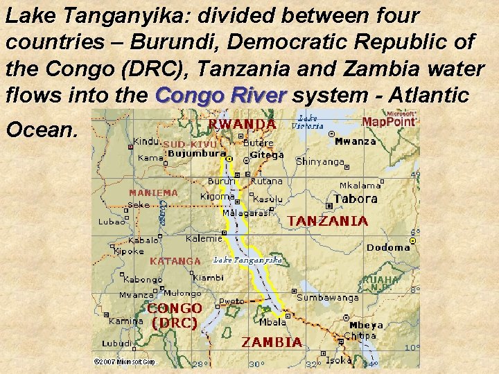 Lake Tanganyika: divided between four countries – Burundi, Democratic Republic of the Congo (DRC),