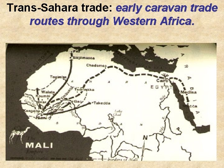 Trans-Sahara trade: early caravan trade routes through Western Africa. 