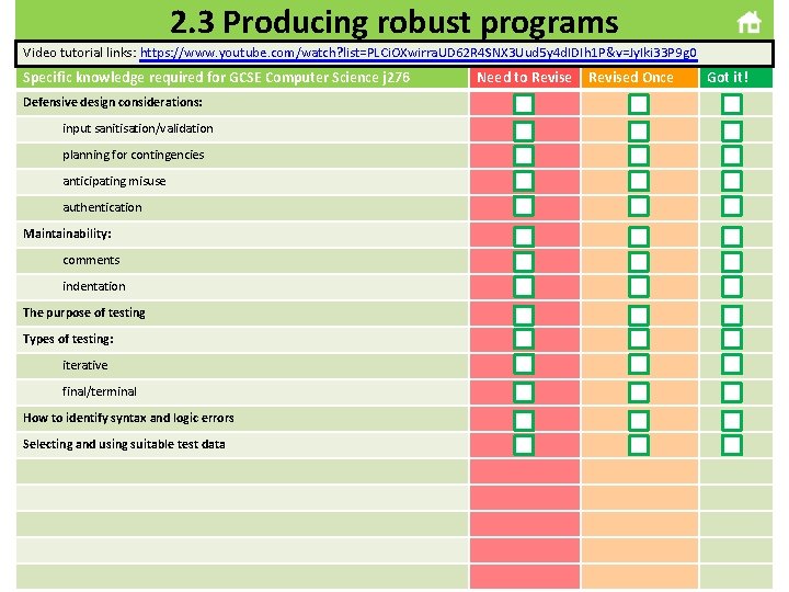 2. 3 Producing robust programs Video tutorial links: https: //www. youtube. com/watch? list=PLCi. OXwirra.