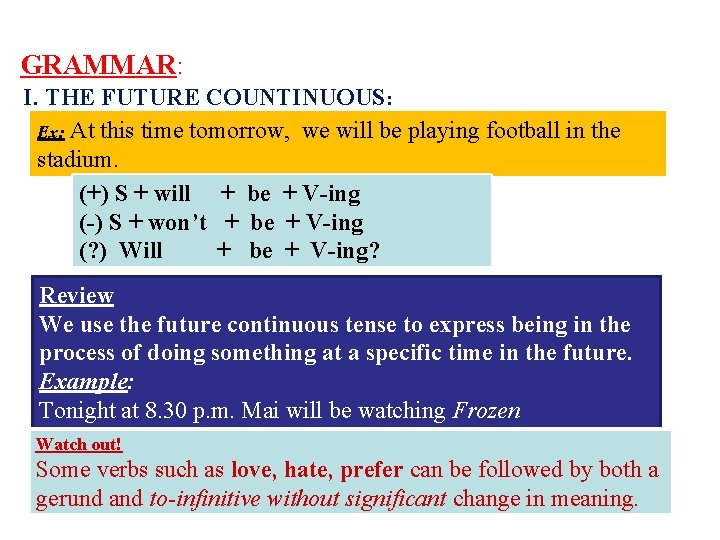 GRAMMAR: I. THE FUTURE COUNTINUOUS: Ex: At this time tomorrow, we will be playing