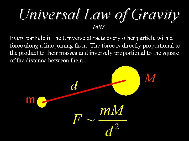 Universal Law of Gravity 1687 Every particle in the Universe attracts every other particle Universal Law of Gravity 1687 Every particle in the Universe attracts every other particle