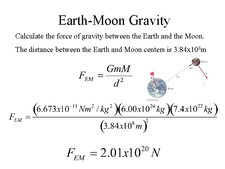 Earth-Moon Gravity Calculate the force of gravity between the Earth and the Moon. The Earth-Moon Gravity Calculate the force of gravity between the Earth and the Moon. The