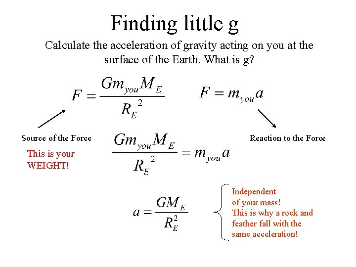 Finding little g Calculate the acceleration of gravity acting on you at the surface Finding little g Calculate the acceleration of gravity acting on you at the surface