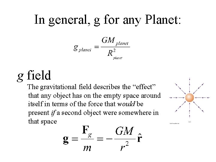 In general, g for any Planet: g field The gravitational field describes the “effect” In general, g for any Planet: g field The gravitational field describes the “effect”