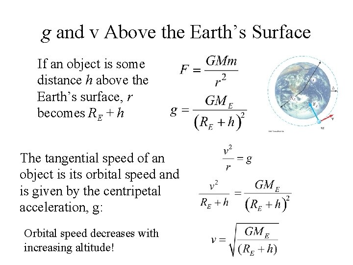 g and v Above the Earth’s Surface If an object is some distance h g and v Above the Earth’s Surface If an object is some distance h
