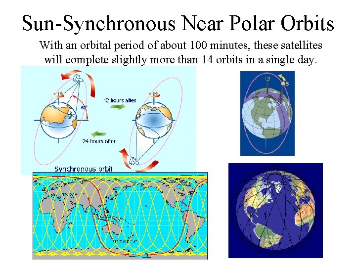 Sun-Synchronous Near Polar Orbits With an orbital period of about 100 minutes, these satellites Sun-Synchronous Near Polar Orbits With an orbital period of about 100 minutes, these satellites