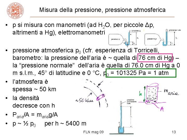 Misura della pressione, pressione atmosferica • p si misura con manometri (ad H 2