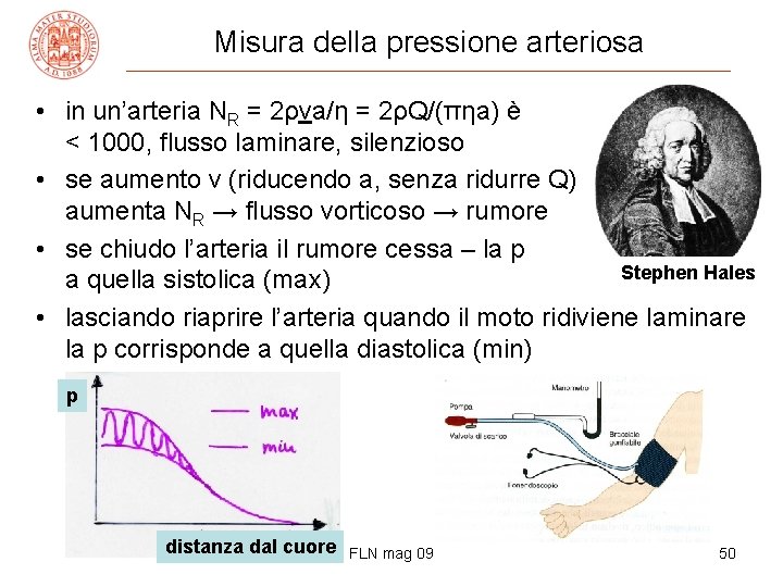 Misura della pressione arteriosa • in un’arteria NR = 2ρva/η = 2ρQ/(πηa) è <