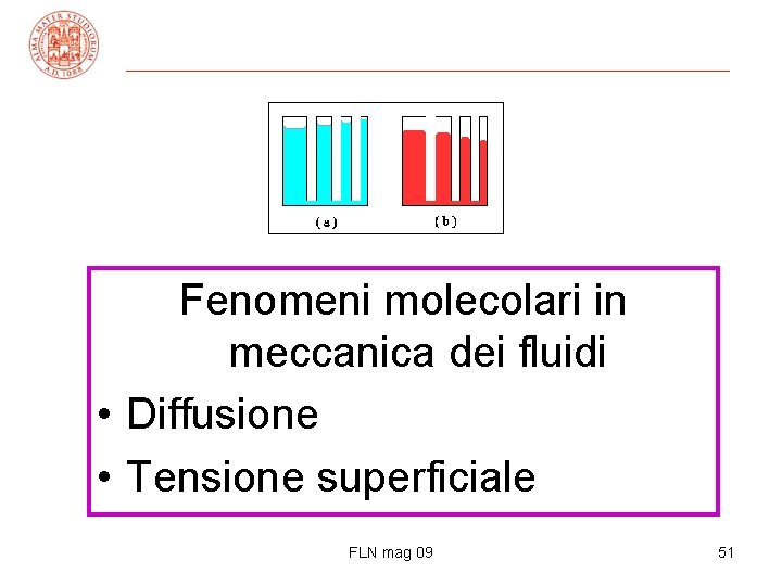 Fenomeni molecolari in meccanica dei fluidi • Diffusione • Tensione superficiale FLN mag 09