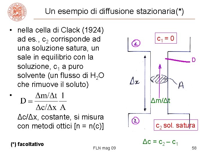 Un esempio di diffusione stazionaria(*) • nella cella di Clack (1924) ad es. ,