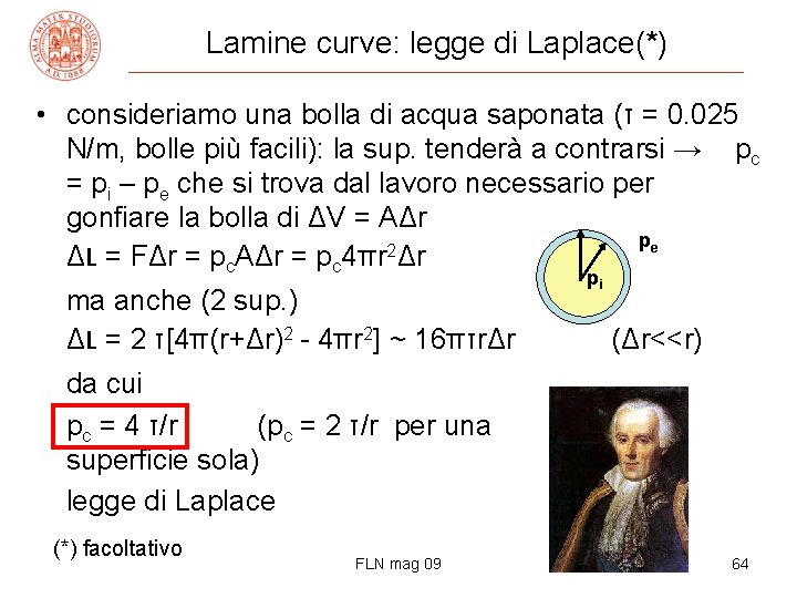 Lamine curve: legge di Laplace(*) • consideriamo una bolla di acqua saponata (τ =