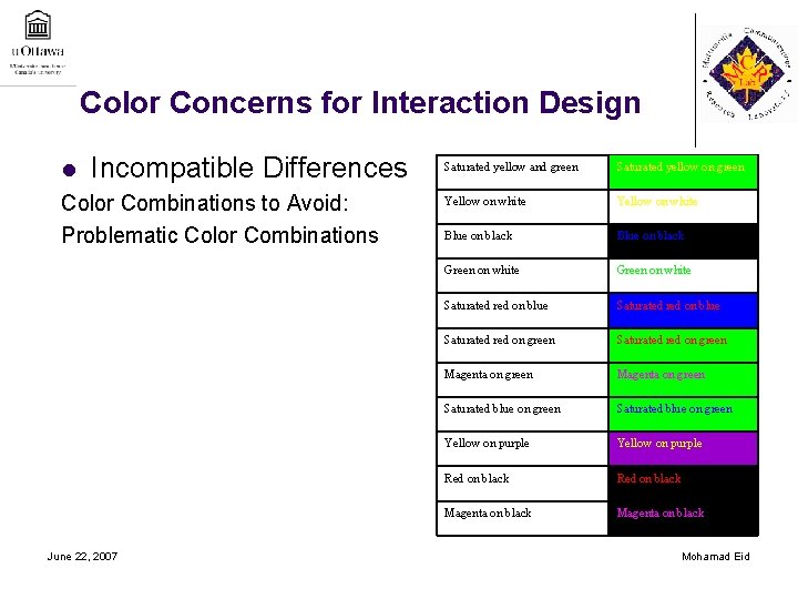 Color Concerns for Interaction Design l Incompatible Differences Color Combinations to Avoid: Problematic Color