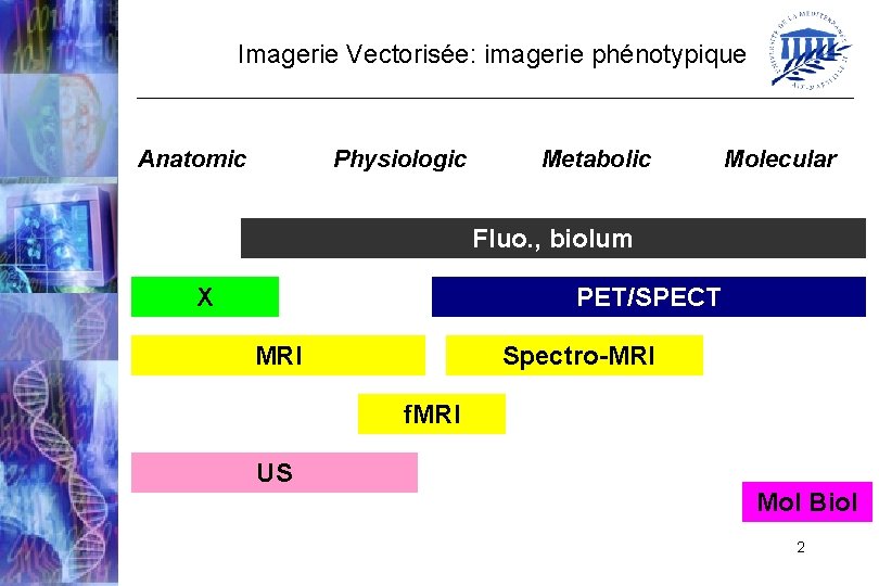 Imagerie Vectorisée: imagerie phénotypique Anatomic Physiologic Metabolic Molecular Fluo. , biolum X PET/SPECT MRI