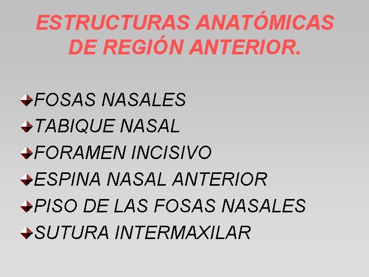 ESTRUCTURAS ANATÓMICAS DE REGIÓN ANTERIOR. FOSAS NASALES TABIQUE NASAL FORAMEN INCISIVO ESPINA NASAL ANTERIOR