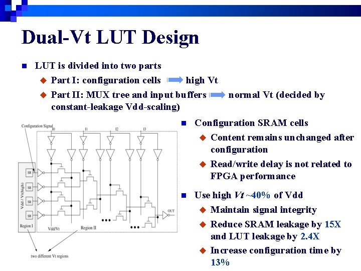 Dual-Vt LUT Design n LUT is divided into two parts u Part I: configuration