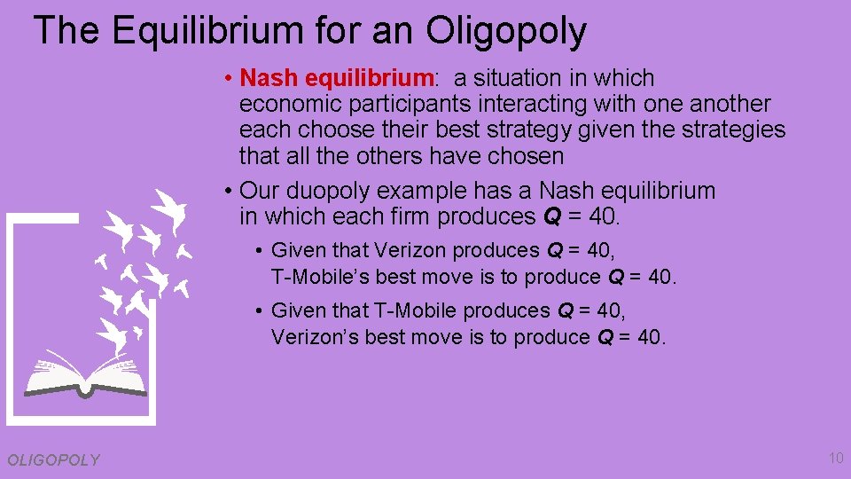 The Equilibrium for an Oligopoly • Nash equilibrium: a situation in which economic participants