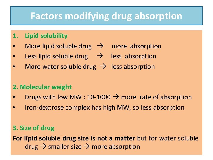 Factors modifying drug absorption 1. • • • Lipid solubility More lipid soluble drug