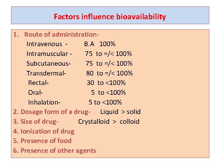 Factors influence bioavailability 1. Route of administration. Intravenous B. A 100% Intramuscular 75 to