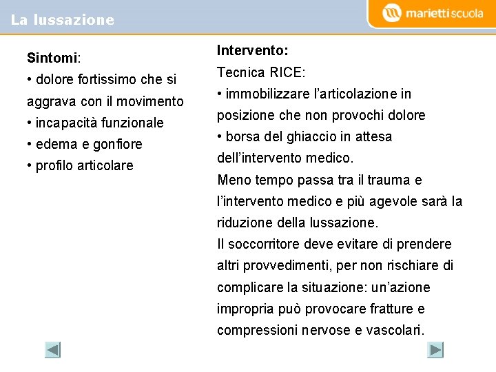 La lussazione Sintomi: • dolore fortissimo che si aggrava con il movimento • incapacità