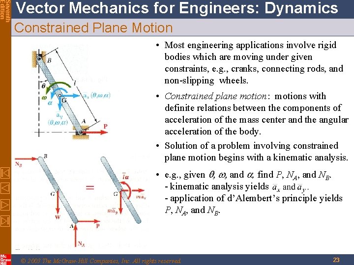 Seventh Edition Vector Mechanics for Engineers: Dynamics Constrained Plane Motion • Most engineering applications Seventh Edition Vector Mechanics for Engineers: Dynamics Constrained Plane Motion • Most engineering applications
