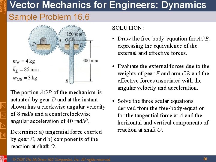 Seventh Edition Vector Mechanics for Engineers: Dynamics Sample Problem 16. 6 SOLUTION: • Draw Seventh Edition Vector Mechanics for Engineers: Dynamics Sample Problem 16. 6 SOLUTION: • Draw