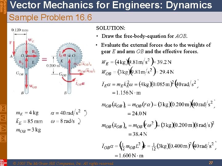 Seventh Edition Vector Mechanics for Engineers: Dynamics Sample Problem 16. 6 SOLUTION: • Draw Seventh Edition Vector Mechanics for Engineers: Dynamics Sample Problem 16. 6 SOLUTION: • Draw