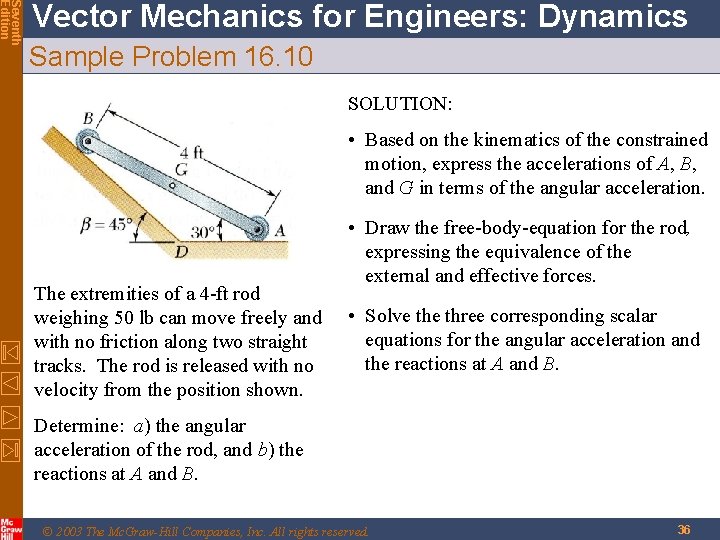 Seventh Edition Vector Mechanics for Engineers: Dynamics Sample Problem 16. 10 SOLUTION: • Based Seventh Edition Vector Mechanics for Engineers: Dynamics Sample Problem 16. 10 SOLUTION: • Based