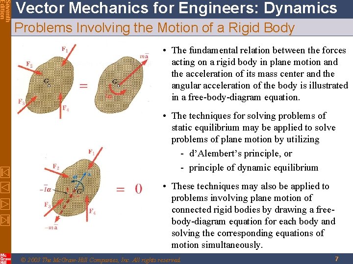 Seventh Edition Vector Mechanics for Engineers: Dynamics Problems Involving the Motion of a Rigid Seventh Edition Vector Mechanics for Engineers: Dynamics Problems Involving the Motion of a Rigid
