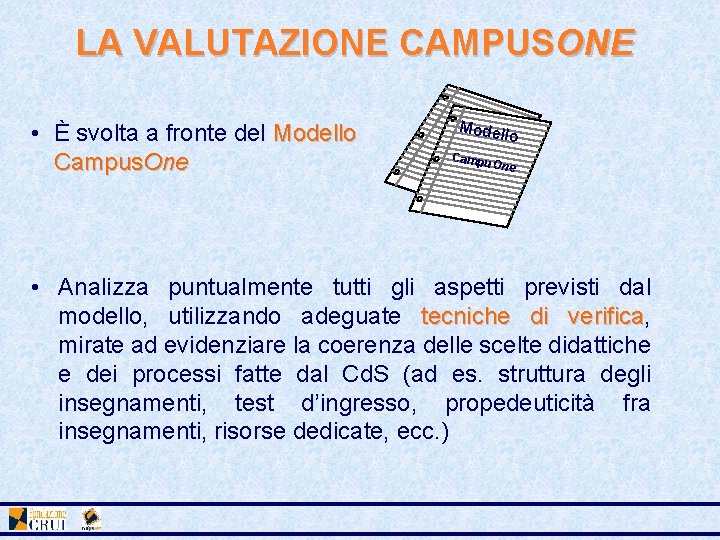 LA VALUTAZIONE CAMPUSONE • È svolta a fronte del Modello Campus. One Model lo