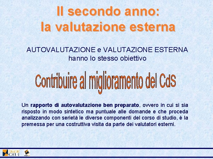Il secondo anno: la valutazione esterna AUTOVALUTAZIONE e VALUTAZIONE ESTERNA hanno lo stesso obiettivo