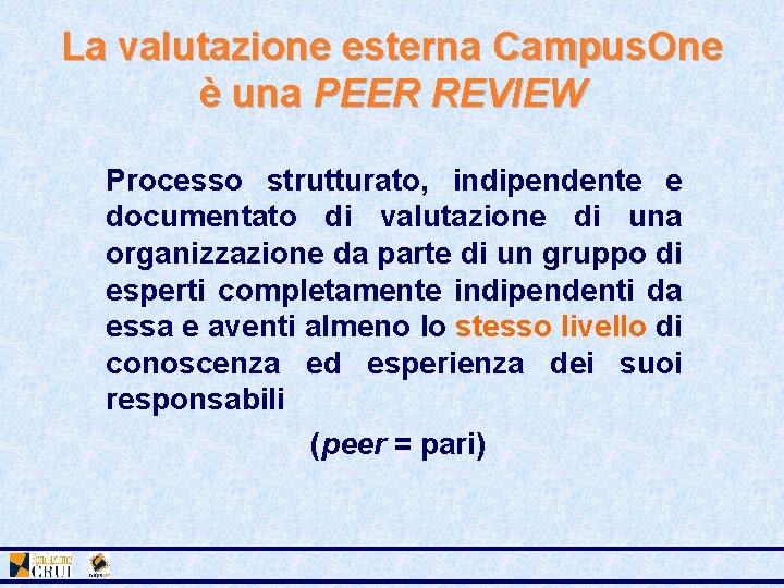 La valutazione esterna Campus. One è una PEER REVIEW Processo strutturato, indipendente e documentato