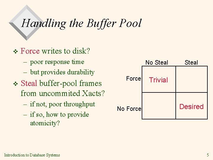 Handling the Buffer Pool v Force writes to disk? – poor response time –