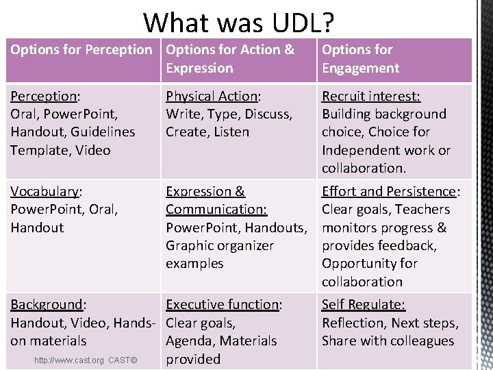 What was UDL? Options for Perception Options for Action & Expression Options for Engagement